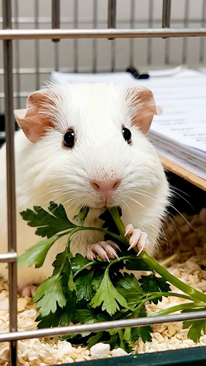 641. Detailed photo of 1 smooth-haired American guinea pig with White fur, munching on fresh apples, in a vibrant lavender garden with rows of purple blooms swaying in the breeze, under soft sunlight, creating a realistic, fragrant pastoral scene.