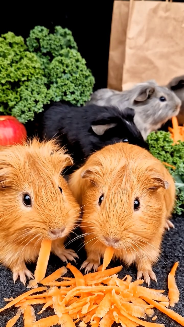 644. Realistic scene of 4 smooth-haired Californian guinea pigs with Fawn, Chocolate, Cinnamon, and Sable fur, dressed as firefighters in tiny uniforms, practicing drills in a guinea pig village with hay houses, under glowing streetlights, capturing a heroic, lifelike moment.