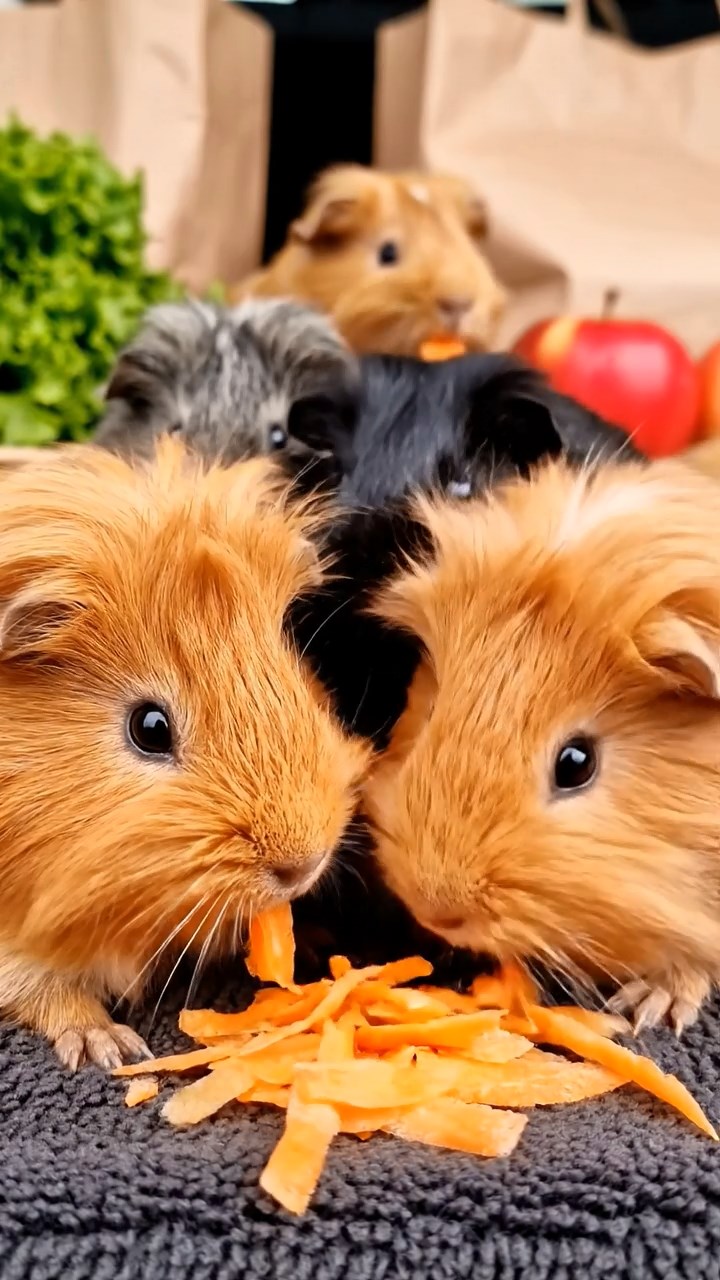 644. Realistic scene of 4 smooth-haired Californian guinea pigs with Fawn, Chocolate, Cinnamon, and Sable fur, dressed as firefighters in tiny uniforms, practicing drills in a guinea pig village with hay houses, under glowing streetlights, capturing a heroic, lifelike moment.