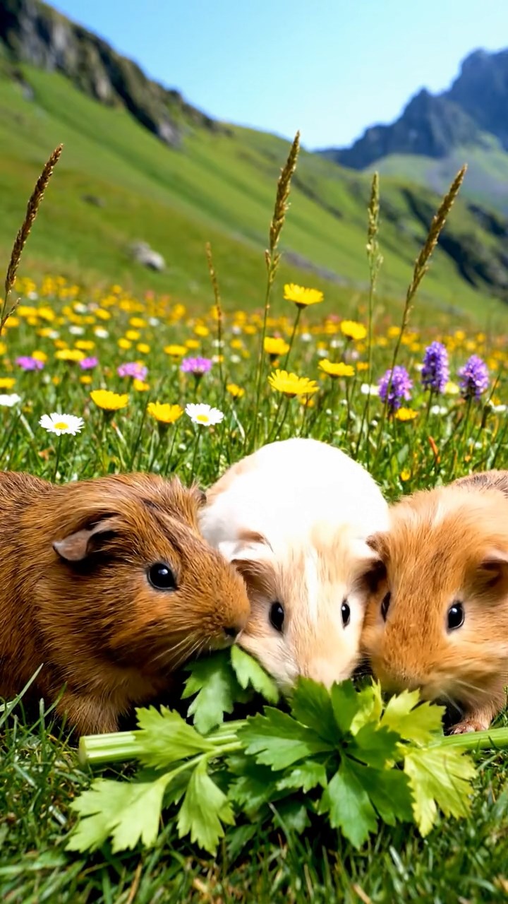 645. Detailed photo of 5 smooth-haired American guinea pigs with White, Orange, Gray, Black, and Brown fur, foraging for clover in a lush meadow with wildflowers and a trickling stream, under soft morning light, creating a realistic, serene pastoral scene.
