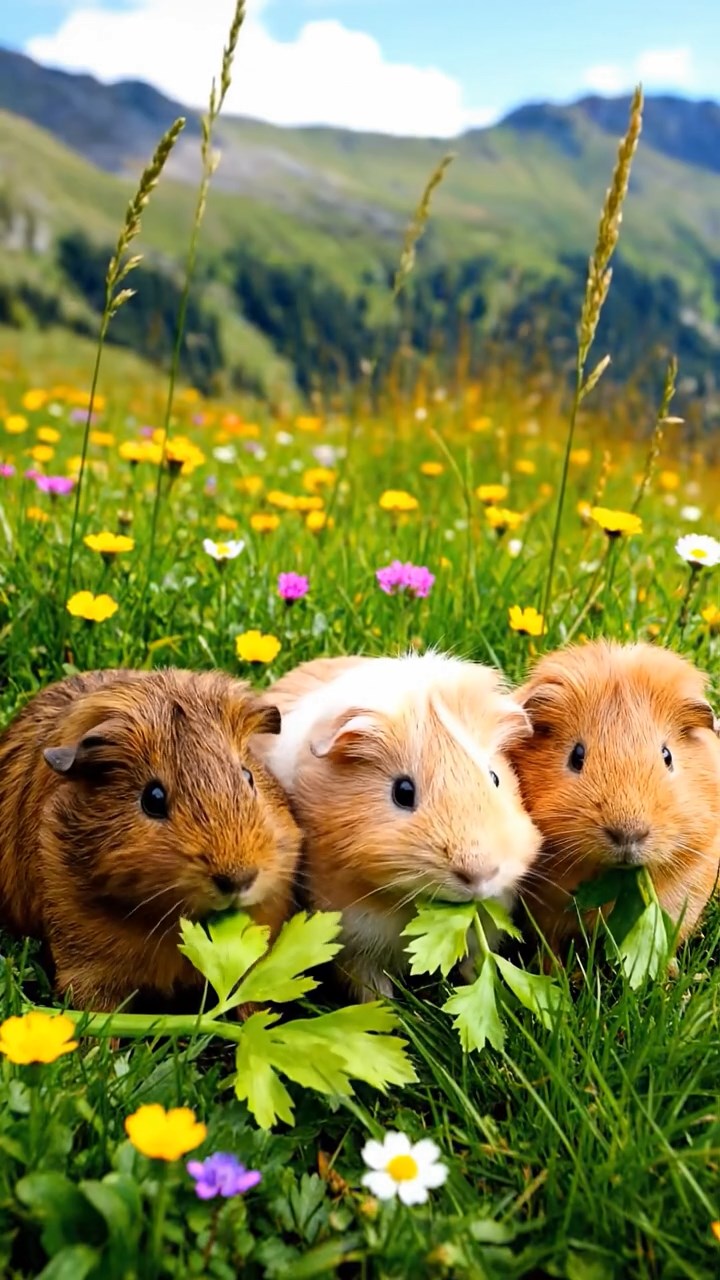 645. Detailed photo of 5 smooth-haired American guinea pigs with White, Orange, Gray, Black, and Brown fur, foraging for clover in a lush meadow with wildflowers and a trickling stream, under soft morning light, creating a realistic, serene pastoral scene.
