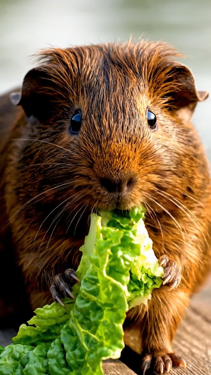 646. Photorealistic scene of 1 smooth-haired Teddy guinea pig with Cream fur, drinking from a clear stream, on a forested slope with pine needles and moss, under dappled sunlight, capturing a serene, lifelike moment of natural hydration.