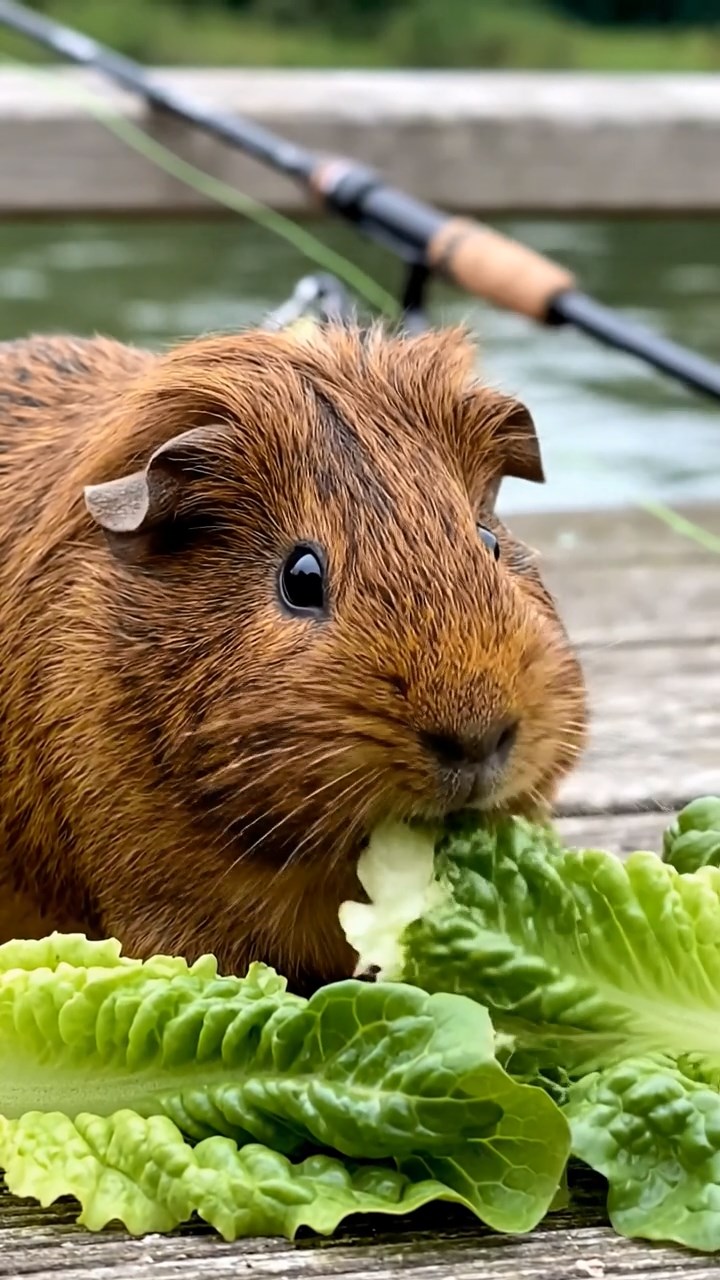646. Photorealistic scene of 1 smooth-haired Teddy guinea pig with Cream fur, drinking from a clear stream, on a forested slope with pine needles and moss, under dappled sunlight, capturing a serene, lifelike moment of natural hydration.