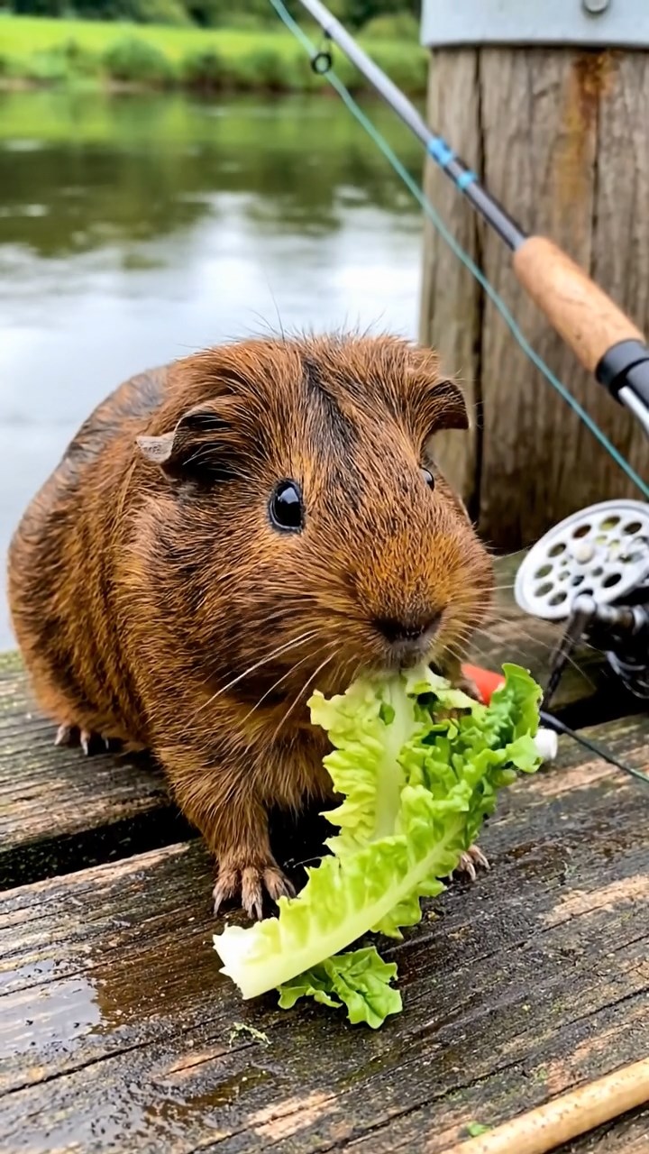 646. Photorealistic scene of 1 smooth-haired Teddy guinea pig with Cream fur, drinking from a clear stream, on a forested slope with pine needles and moss, under dappled sunlight, capturing a serene, lifelike moment of natural hydration.