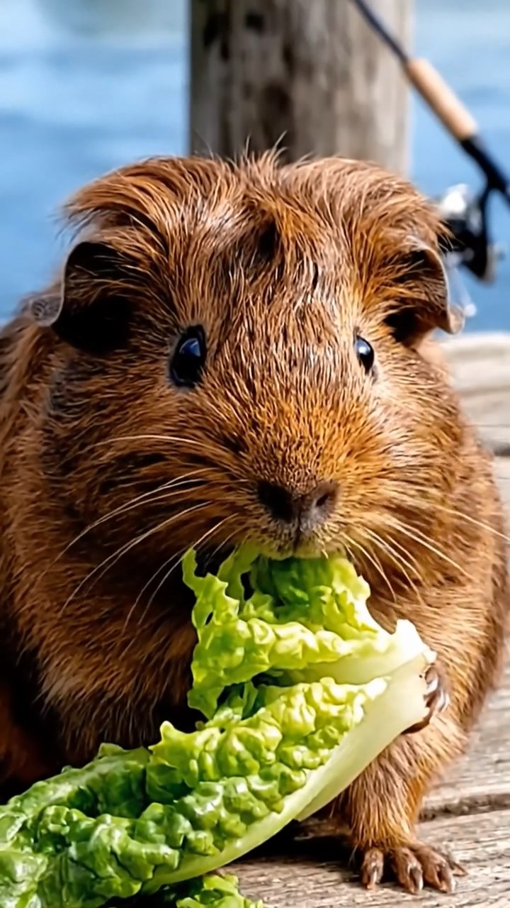 646. Photorealistic scene of 1 smooth-haired Teddy guinea pig with Cream fur, drinking from a clear stream, on a forested slope with pine needles and moss, under dappled sunlight, capturing a serene, lifelike moment of natural hydration.