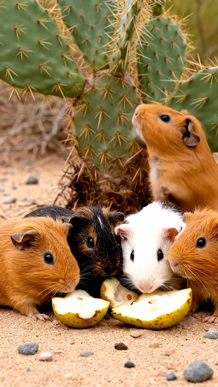 647. Highly detailed view of 2 smooth-haired Himalayan guinea pigs with Fawn and Sable fur, dressed as musicians in tiny vests, playing miniature guitars in a guinea pig concert hall with hay seats and velvet curtains, under warm spotlights, creating a realistic, elegant scene.