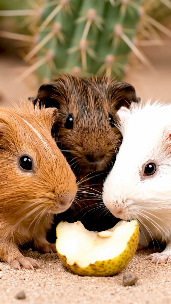 647. Highly detailed view of 2 smooth-haired Himalayan guinea pigs with Fawn and Sable fur, dressed as musicians in tiny vests, playing miniature guitars in a guinea pig concert hall with hay seats and velvet curtains, under warm spotlights, creating a realistic, elegant scene.