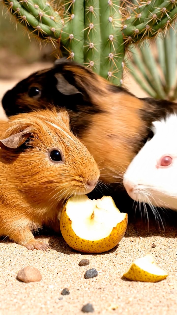 647. Highly detailed view of 2 smooth-haired Himalayan guinea pigs with Fawn and Sable fur, dressed as musicians in tiny vests, playing miniature guitars in a guinea pig concert hall with hay seats and velvet curtains, under warm spotlights, creating a realistic, elegant scene.