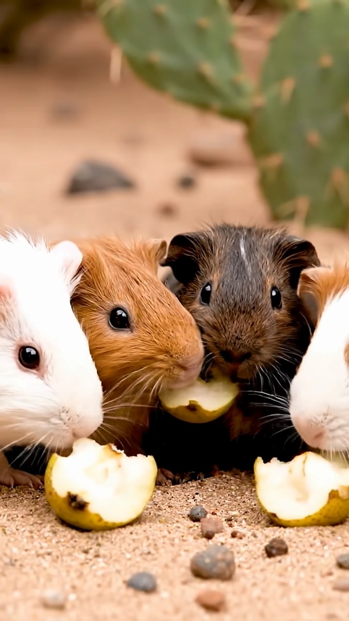 647. Highly detailed view of 2 smooth-haired Himalayan guinea pigs with Fawn and Sable fur, dressed as musicians in tiny vests, playing miniature guitars in a guinea pig concert hall with hay seats and velvet curtains, under warm spotlights, creating a realistic, elegant scene.