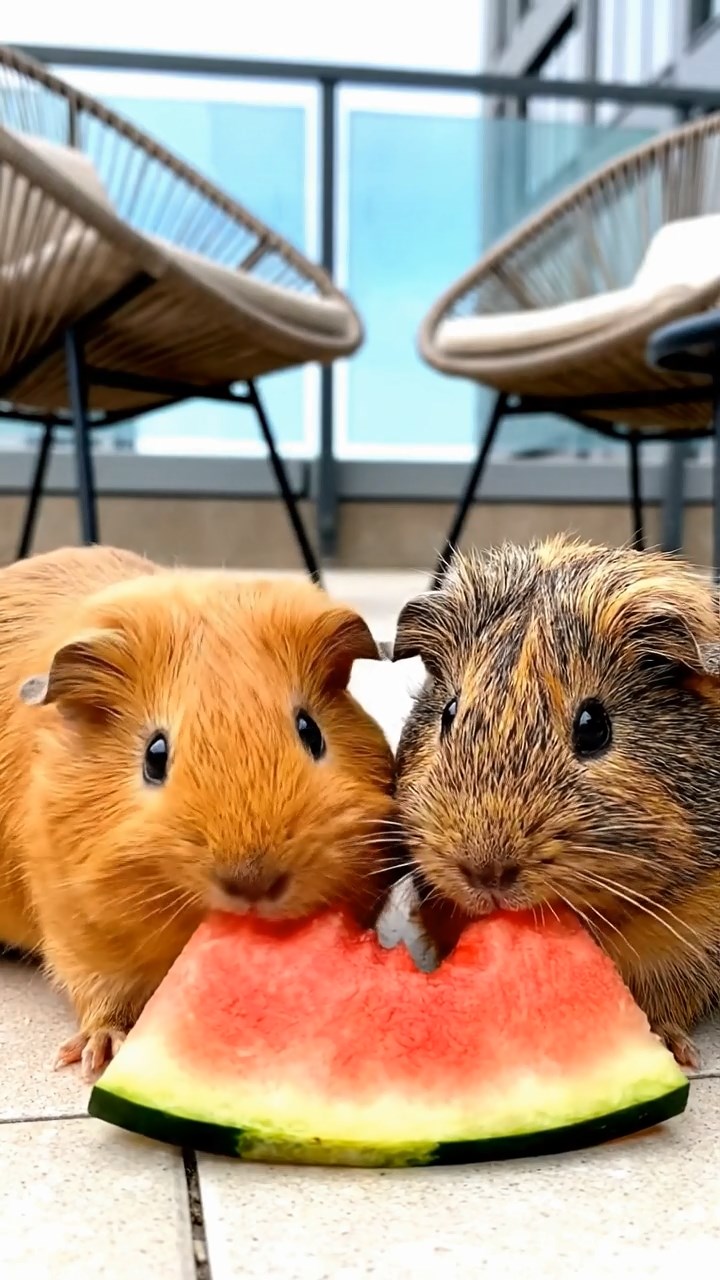 648. Realistic scene of 3 smooth-haired Californian guinea pigs with Chocolate, Cinnamon, and Gray fur, grooming each other in a lush meadow with scattered wildflowers and a babbling brook, under golden sunlight, enhancing the authentic, social atmosphere.