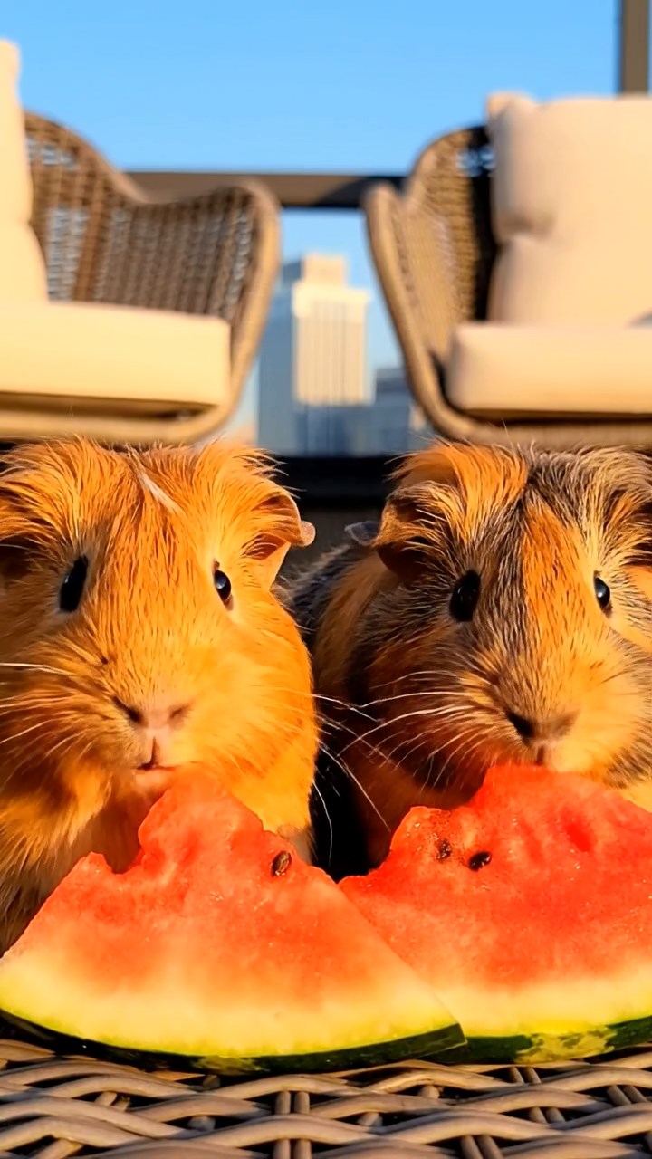 648. Realistic scene of 3 smooth-haired Californian guinea pigs with Chocolate, Cinnamon, and Gray fur, grooming each other in a lush meadow with scattered wildflowers and a babbling brook, under golden sunlight, enhancing the authentic, social atmosphere.