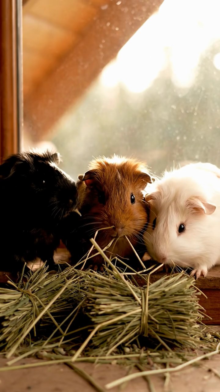 649. Detailed photo of 4 smooth-haired American guinea pigs with White, Orange, Black, and Brown fur, dressed as doctors in tiny white coats, treating injuries in a guinea pig hospital with miniature beds and medical charts, under bright lights, creating a vivid, lifelike medical scene.