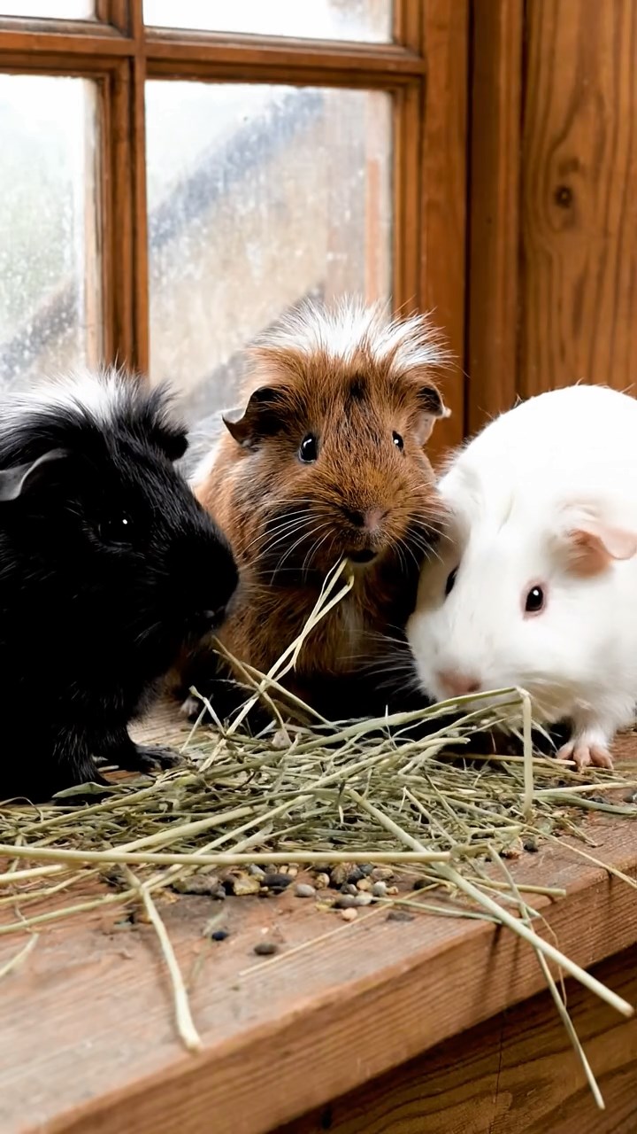 649. Detailed photo of 4 smooth-haired American guinea pigs with White, Orange, Black, and Brown fur, dressed as doctors in tiny white coats, treating injuries in a guinea pig hospital with miniature beds and medical charts, under bright lights, creating a vivid, lifelike medical scene.