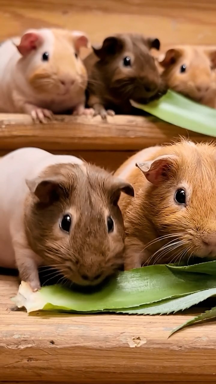 650. Photorealistic scene of 5 smooth-haired Teddy guinea pigs with Cream, Fawn, Sable, Gray, and Cinnamon fur, play-fighting in a grassy clearing with soft moss and scattered twigs, under gentle morning light, capturing a realistic, playful woodland moment.