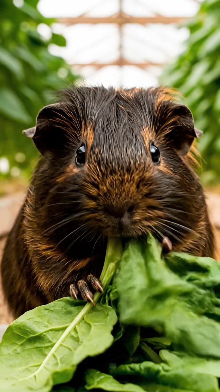 651. Highly detailed view of 1 smooth-haired Himalayan guinea pig with White fur, munching on bell peppers, in a vibrant vegetable garden with rows of tomatoes and lettuce, under bright sunlight, creating a realistic, colorful rural scene.