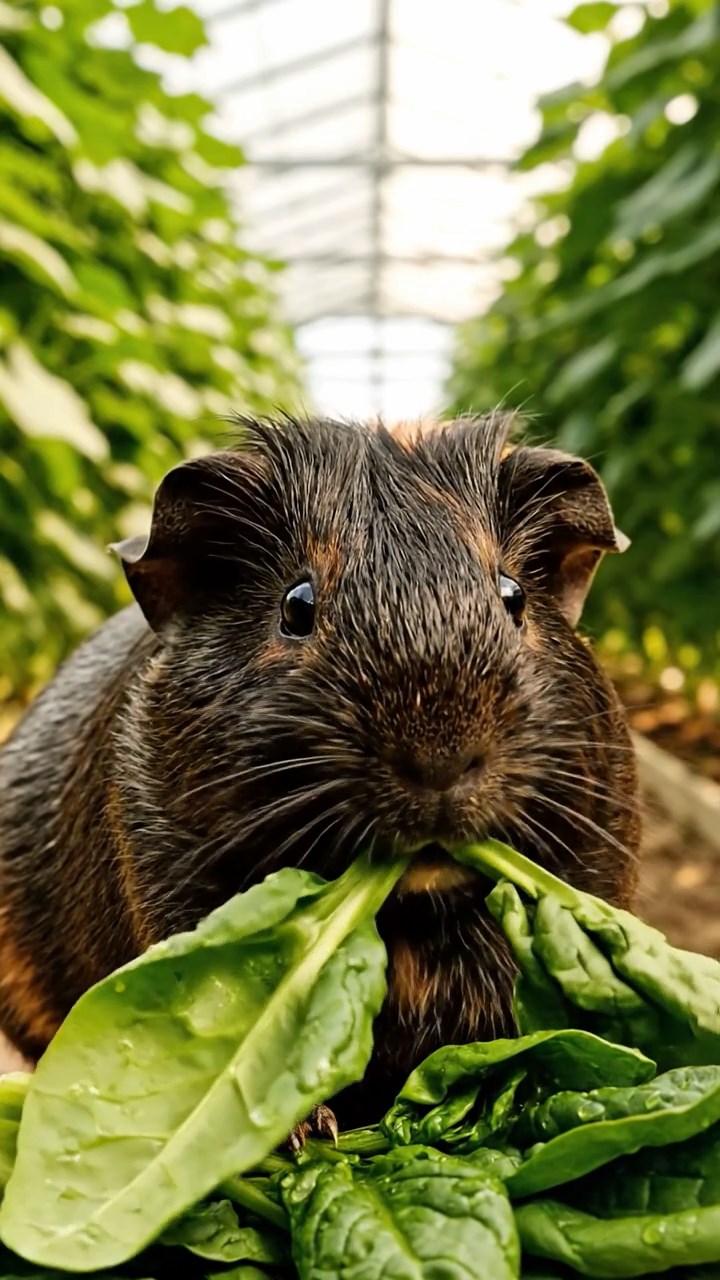 651. Highly detailed view of 1 smooth-haired Himalayan guinea pig with White fur, munching on bell peppers, in a vibrant vegetable garden with rows of tomatoes and lettuce, under bright sunlight, creating a realistic, colorful rural scene.