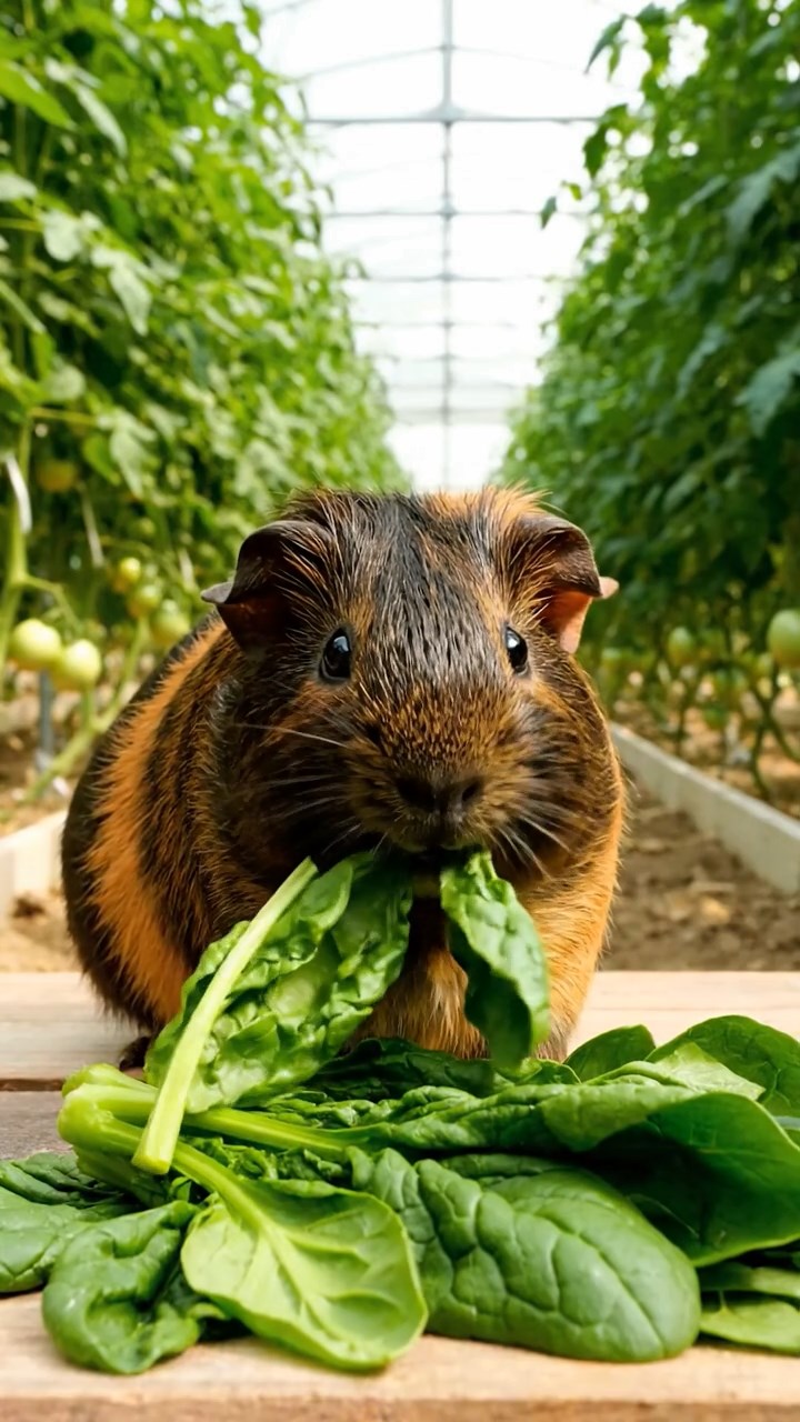 651. Highly detailed view of 1 smooth-haired Himalayan guinea pig with White fur, munching on bell peppers, in a vibrant vegetable garden with rows of tomatoes and lettuce, under bright sunlight, creating a realistic, colorful rural scene.