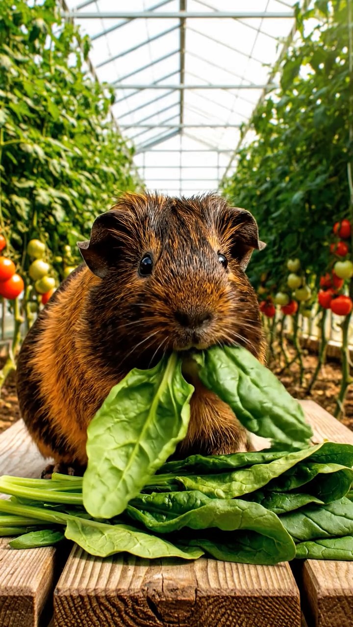 651. Highly detailed view of 1 smooth-haired Himalayan guinea pig with White fur, munching on bell peppers, in a vibrant vegetable garden with rows of tomatoes and lettuce, under bright sunlight, creating a realistic, colorful rural scene.