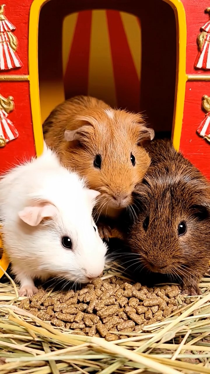 654. Photorealistic scene of 4 smooth-haired Teddy guinea pigs with Fawn, Chocolate, Cinnamon, and Sable fur, dressed as librarians in tiny glasses, shelving miniature books in a guinea pig library with hay shelves and soft lamplight, capturing a realistic, cozy moment.