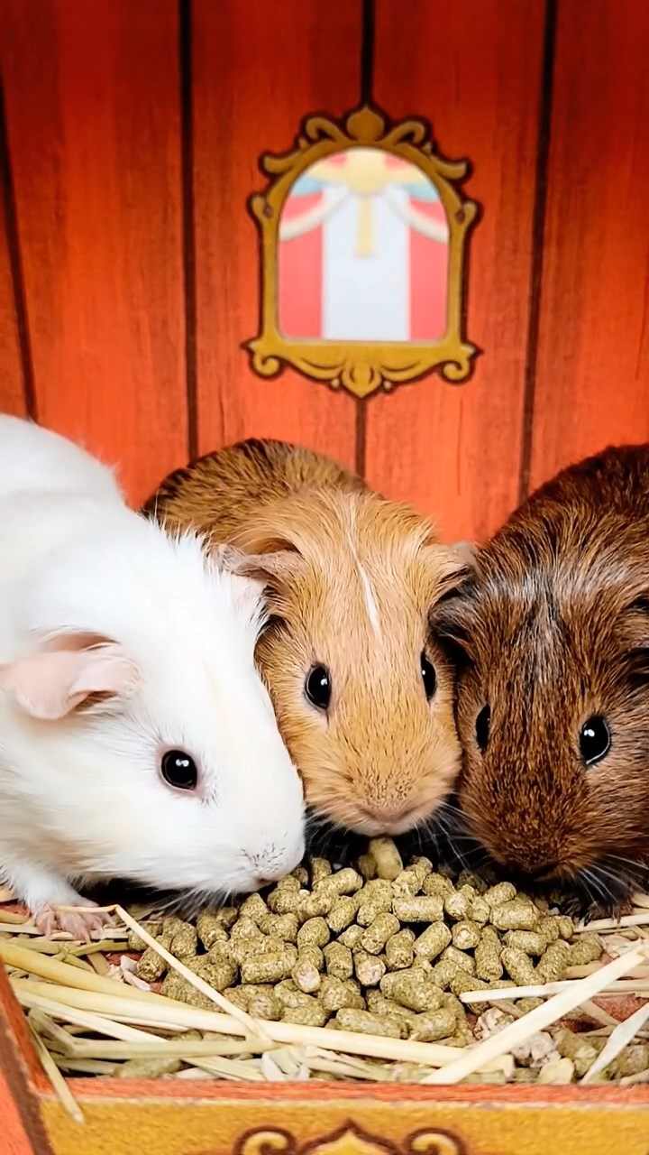 654. Photorealistic scene of 4 smooth-haired Teddy guinea pigs with Fawn, Chocolate, Cinnamon, and Sable fur, dressed as librarians in tiny glasses, shelving miniature books in a guinea pig library with hay shelves and soft lamplight, capturing a realistic, cozy moment.