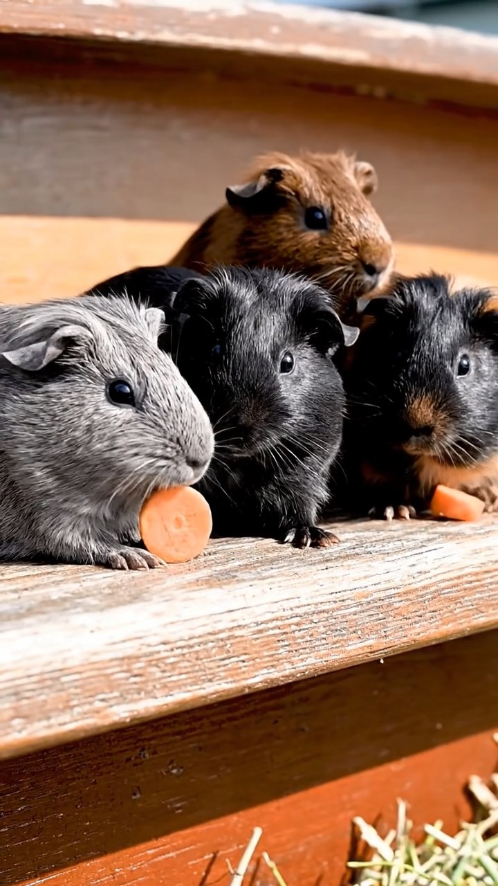 657. Detailed photo of 2 smooth-haired American guinea pigs with Fawn and Sable fur, dressed as bakers in tiny aprons, baking cookies in a guinea pig bakery with hay ovens and wooden counters, under soft lamplight, creating a realistic, cozy culinary scene.