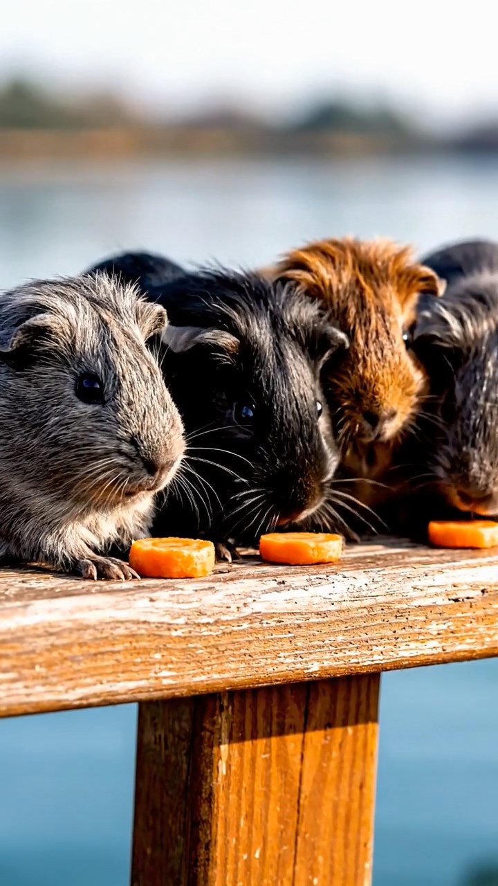 657. Detailed photo of 2 smooth-haired American guinea pigs with Fawn and Sable fur, dressed as bakers in tiny aprons, baking cookies in a guinea pig bakery with hay ovens and wooden counters, under soft lamplight, creating a realistic, cozy culinary scene.