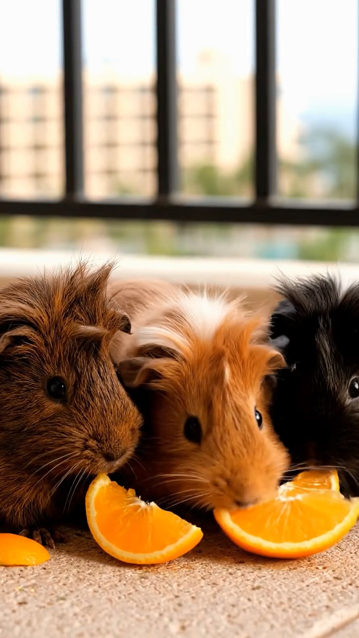 659. Highly detailed view of 4 smooth-haired Himalayan guinea pigs with White, Orange, Black, and Brown fur, dressed as writers in tiny scarves, revising manuscripts in a guinea pig study with miniature books and hay desks, under warm lamplight, creating a vivid, realistic literary scene.