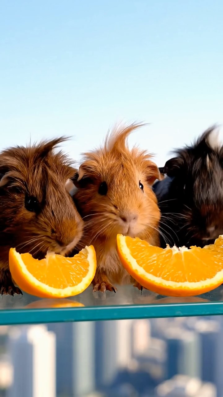 659. Highly detailed view of 4 smooth-haired Himalayan guinea pigs with White, Orange, Black, and Brown fur, dressed as writers in tiny scarves, revising manuscripts in a guinea pig study with miniature books and hay desks, under warm lamplight, creating a vivid, realistic literary scene.