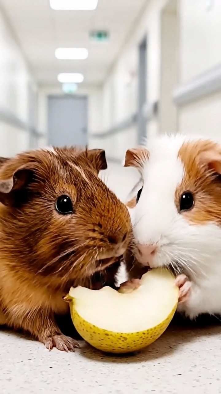 662. Photorealistic scene of 2 smooth-haired Teddy guinea pigs with Orange and Black fur, dressed as engineers in tiny helmets, constructing a miniature dam in a guinea pig workshop with hay beams and tools, under bright daylight, enhancing the lifelike, industrious atmosphere.