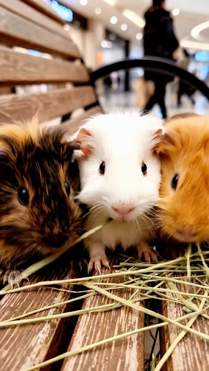 664. Realistic scene of 4 smooth-haired Californian guinea pigs with Fawn, Chocolate, Cinnamon, and Sable fur, dressed as firefighters in tiny uniforms, inspecting a miniature fire truck in a guinea pig village with hay houses, under glowing streetlights, capturing a heroic, lifelike moment.