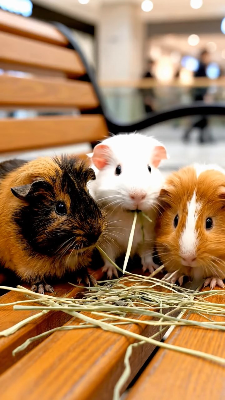 664. Realistic scene of 4 smooth-haired Californian guinea pigs with Fawn, Chocolate, Cinnamon, and Sable fur, dressed as firefighters in tiny uniforms, inspecting a miniature fire truck in a guinea pig village with hay houses, under glowing streetlights, capturing a heroic, lifelike moment.
