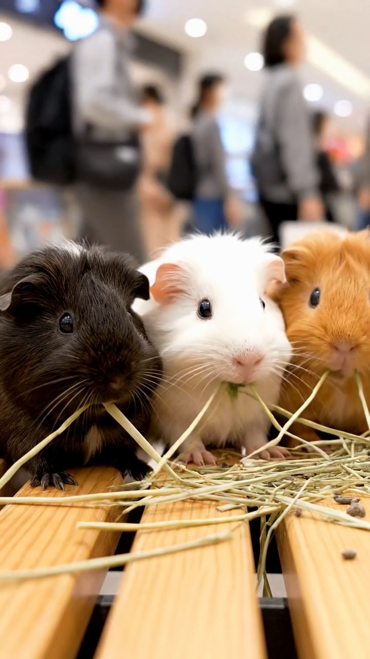 664. Realistic scene of 4 smooth-haired Californian guinea pigs with Fawn, Chocolate, Cinnamon, and Sable fur, dressed as firefighters in tiny uniforms, inspecting a miniature fire truck in a guinea pig village with hay houses, under glowing streetlights, capturing a heroic, lifelike moment.