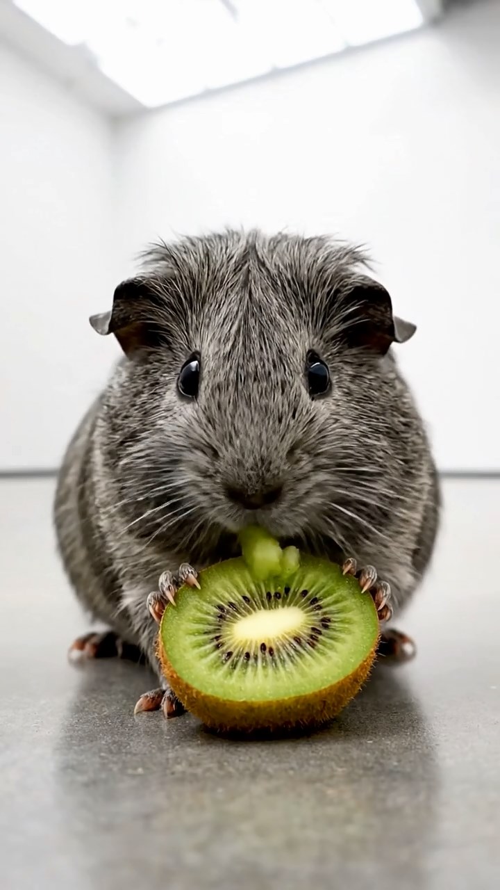 665. Detailed photo of 5 smooth-haired American guinea pigs with White, Orange, Gray, Black, and Brown fur, foraging for clover in a lush meadow with wildflowers and a trickling stream, under soft morning light, creating a realistic, serene pastoral scene.