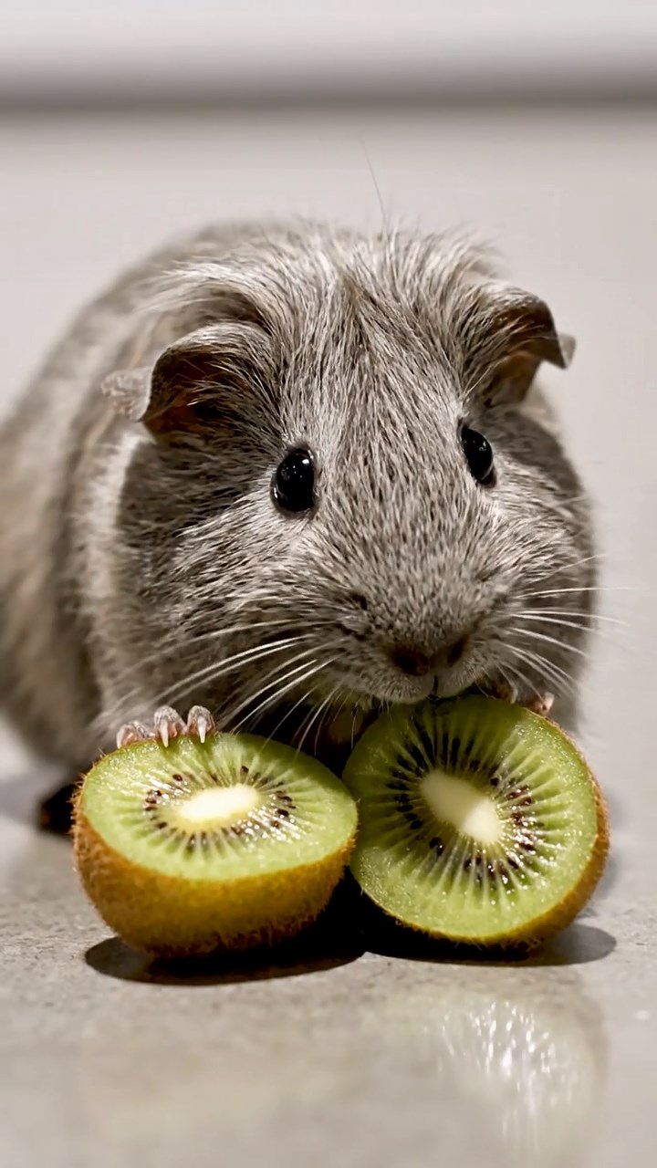 665. Detailed photo of 5 smooth-haired American guinea pigs with White, Orange, Gray, Black, and Brown fur, foraging for clover in a lush meadow with wildflowers and a trickling stream, under soft morning light, creating a realistic, serene pastoral scene.