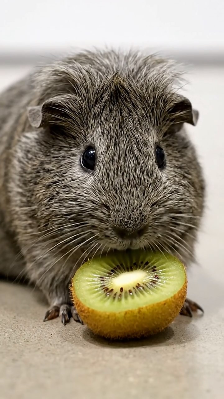 665. Detailed photo of 5 smooth-haired American guinea pigs with White, Orange, Gray, Black, and Brown fur, foraging for clover in a lush meadow with wildflowers and a trickling stream, under soft morning light, creating a realistic, serene pastoral scene.