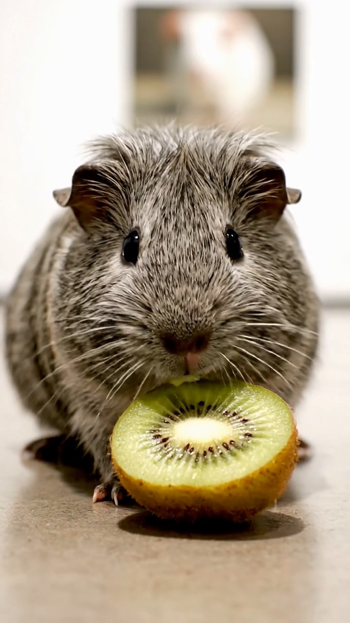 665. Detailed photo of 5 smooth-haired American guinea pigs with White, Orange, Gray, Black, and Brown fur, foraging for clover in a lush meadow with wildflowers and a trickling stream, under soft morning light, creating a realistic, serene pastoral scene.