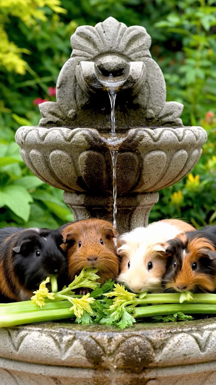 666. Photorealistic scene of 1 smooth-haired Teddy guinea pig with Cream fur, drinking from a clear stream, on a forested slope with pine needles and moss, under dappled sunlight, capturing a serene, lifelike moment of natural hydration.