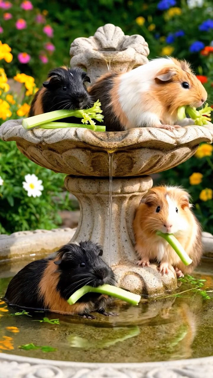 666. Photorealistic scene of 1 smooth-haired Teddy guinea pig with Cream fur, drinking from a clear stream, on a forested slope with pine needles and moss, under dappled sunlight, capturing a serene, lifelike moment of natural hydration.
