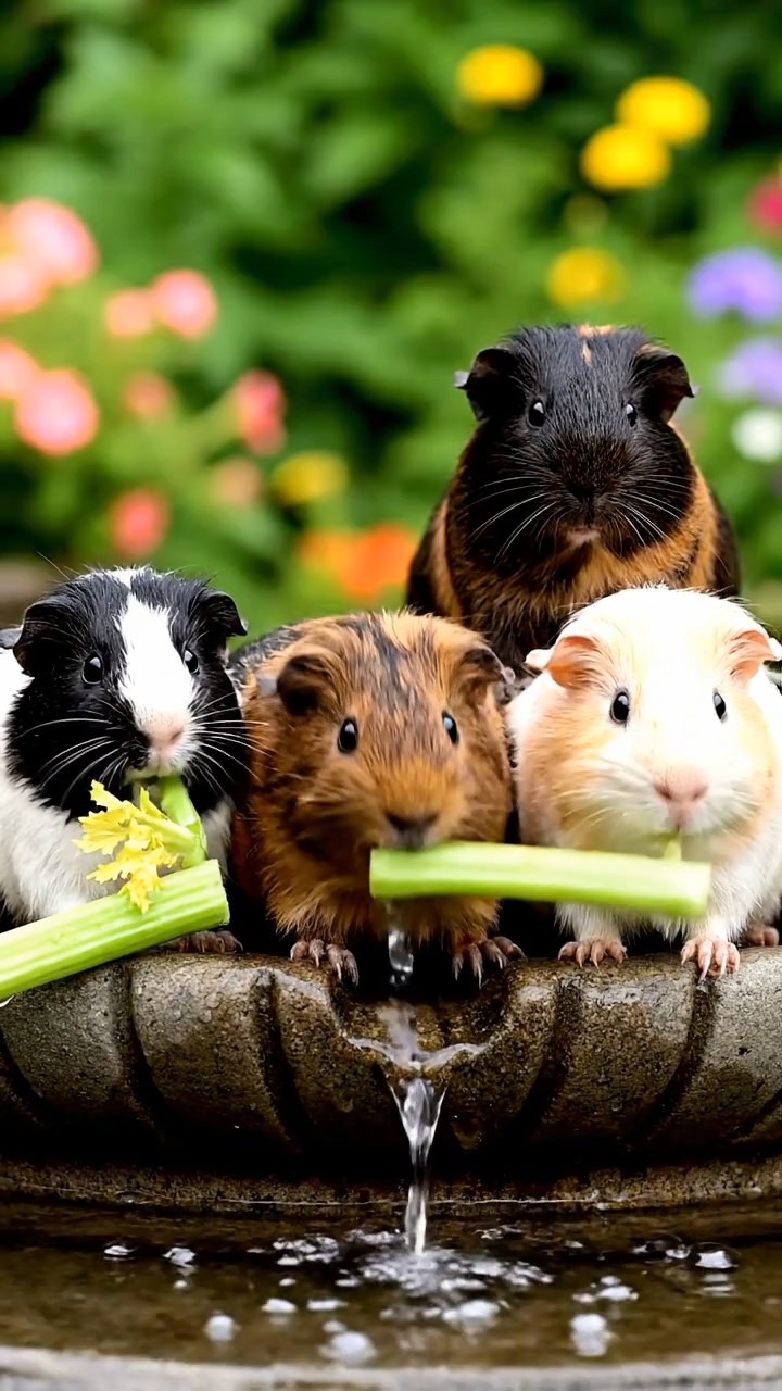 666. Photorealistic scene of 1 smooth-haired Teddy guinea pig with Cream fur, drinking from a clear stream, on a forested slope with pine needles and moss, under dappled sunlight, capturing a serene, lifelike moment of natural hydration.
