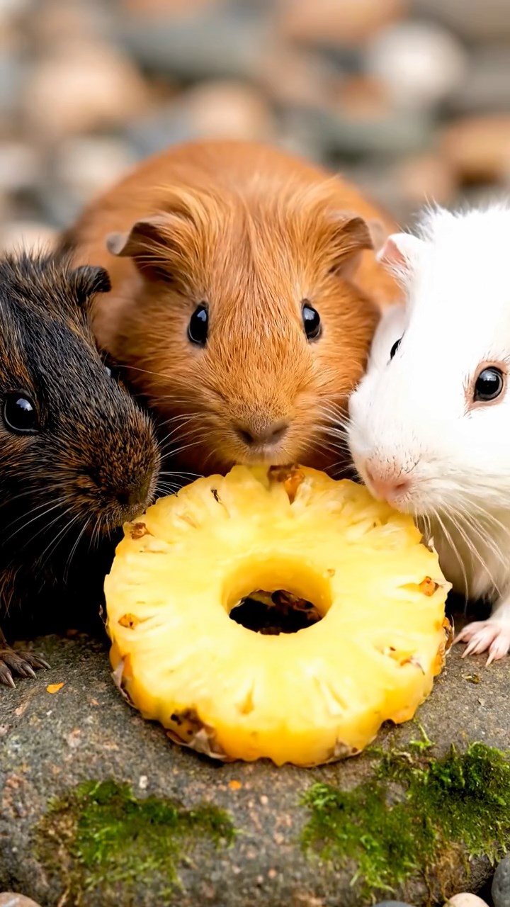 668. Realistic scene of 3 smooth-haired Californian guinea pigs with Chocolate, Cinnamon, and Gray fur, grooming each other in a lush meadow with scattered wildflowers and a babbling brook, under golden sunlight, enhancing the authentic, social atmosphere.