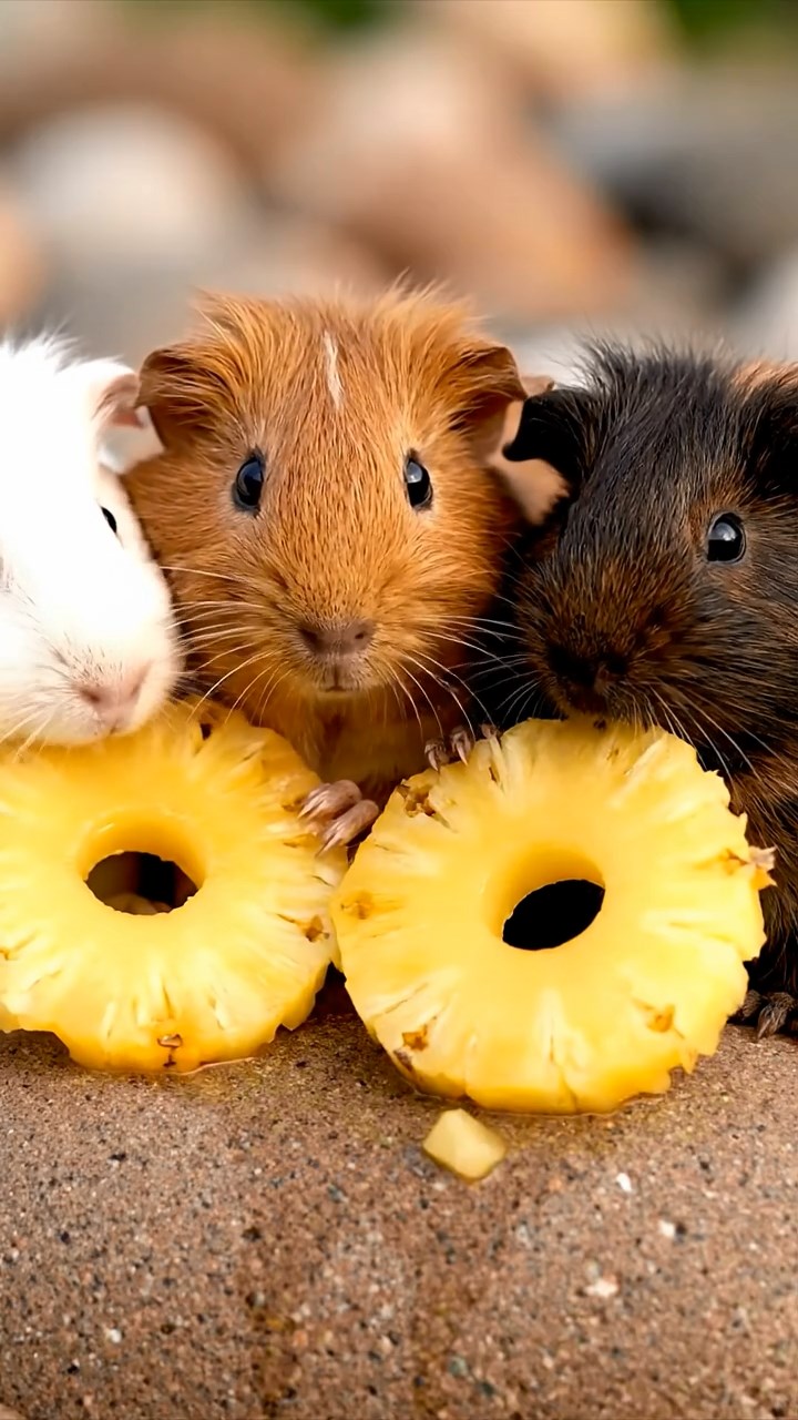 668. Realistic scene of 3 smooth-haired Californian guinea pigs with Chocolate, Cinnamon, and Gray fur, grooming each other in a lush meadow with scattered wildflowers and a babbling brook, under golden sunlight, enhancing the authentic, social atmosphere.