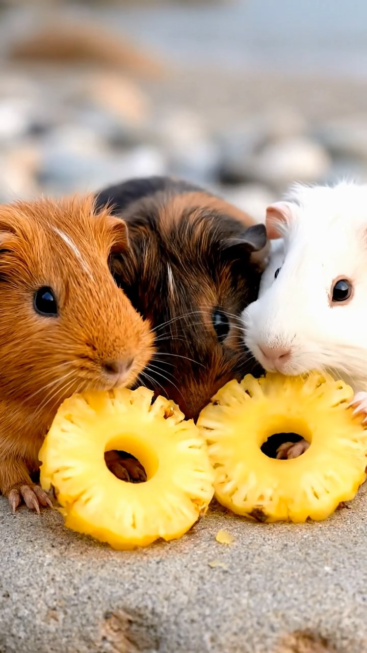 668. Realistic scene of 3 smooth-haired Californian guinea pigs with Chocolate, Cinnamon, and Gray fur, grooming each other in a lush meadow with scattered wildflowers and a babbling brook, under golden sunlight, enhancing the authentic, social atmosphere.
