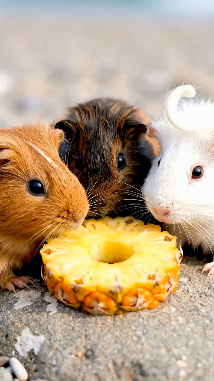 668. Realistic scene of 3 smooth-haired Californian guinea pigs with Chocolate, Cinnamon, and Gray fur, grooming each other in a lush meadow with scattered wildflowers and a babbling brook, under golden sunlight, enhancing the authentic, social atmosphere.