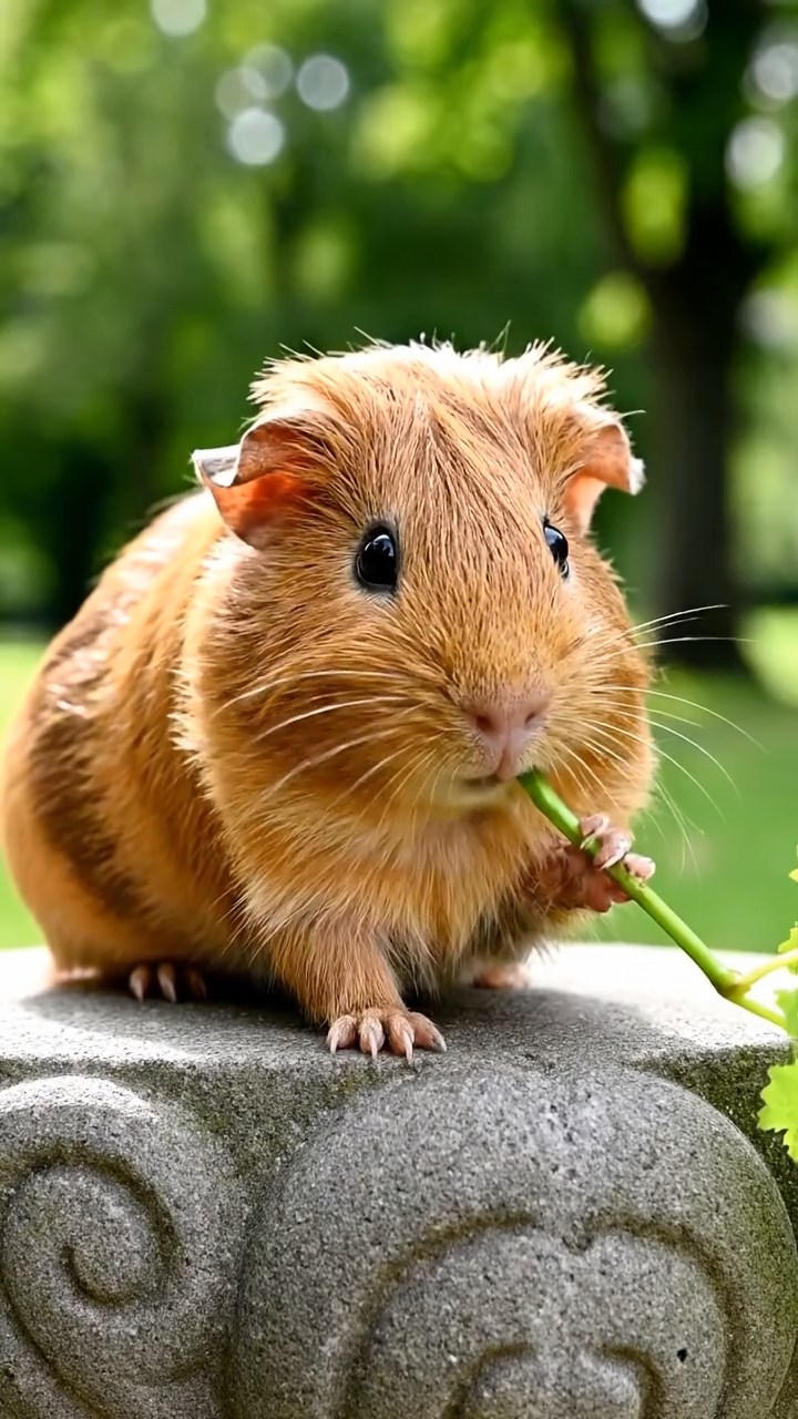 670. Photorealistic scene of 5 smooth-haired Teddy guinea pigs with Cream, Fawn, Sable, Gray, and Cinnamon fur, play-fighting in a grassy clearing with soft moss and scattered twigs, under gentle morning light, capturing a realistic, playful woodland moment.