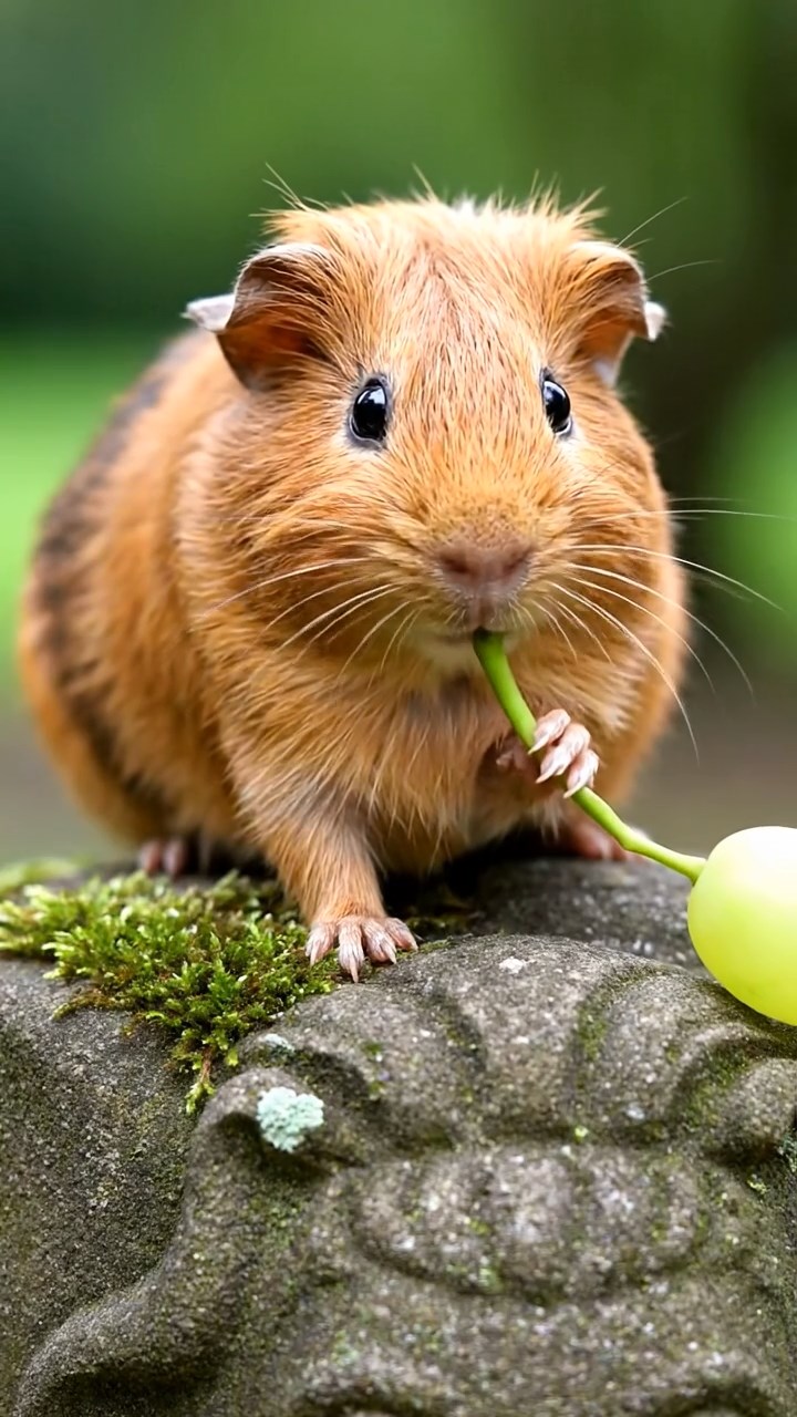 670. Photorealistic scene of 5 smooth-haired Teddy guinea pigs with Cream, Fawn, Sable, Gray, and Cinnamon fur, play-fighting in a grassy clearing with soft moss and scattered twigs, under gentle morning light, capturing a realistic, playful woodland moment.