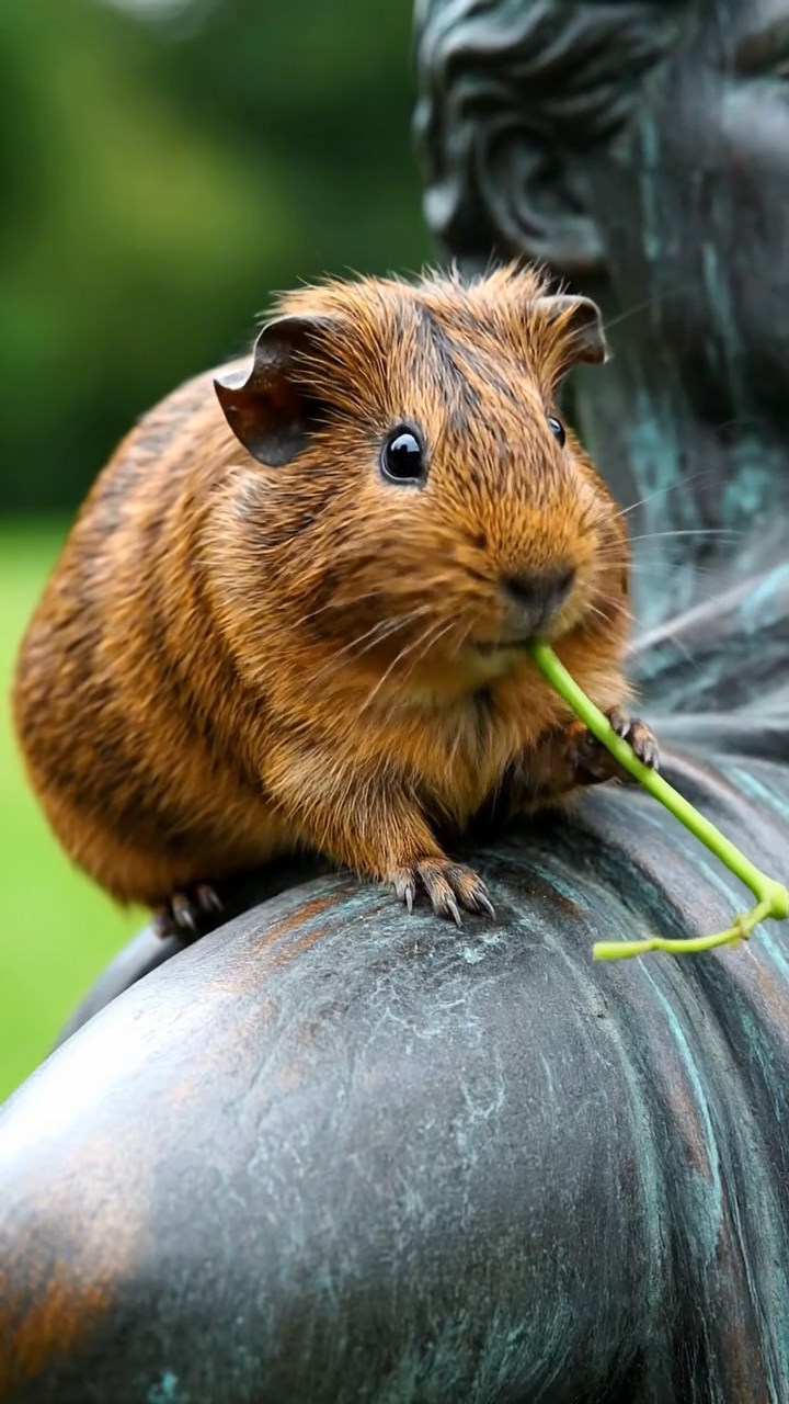 670. Photorealistic scene of 5 smooth-haired Teddy guinea pigs with Cream, Fawn, Sable, Gray, and Cinnamon fur, play-fighting in a grassy clearing with soft moss and scattered twigs, under gentle morning light, capturing a realistic, playful woodland moment.