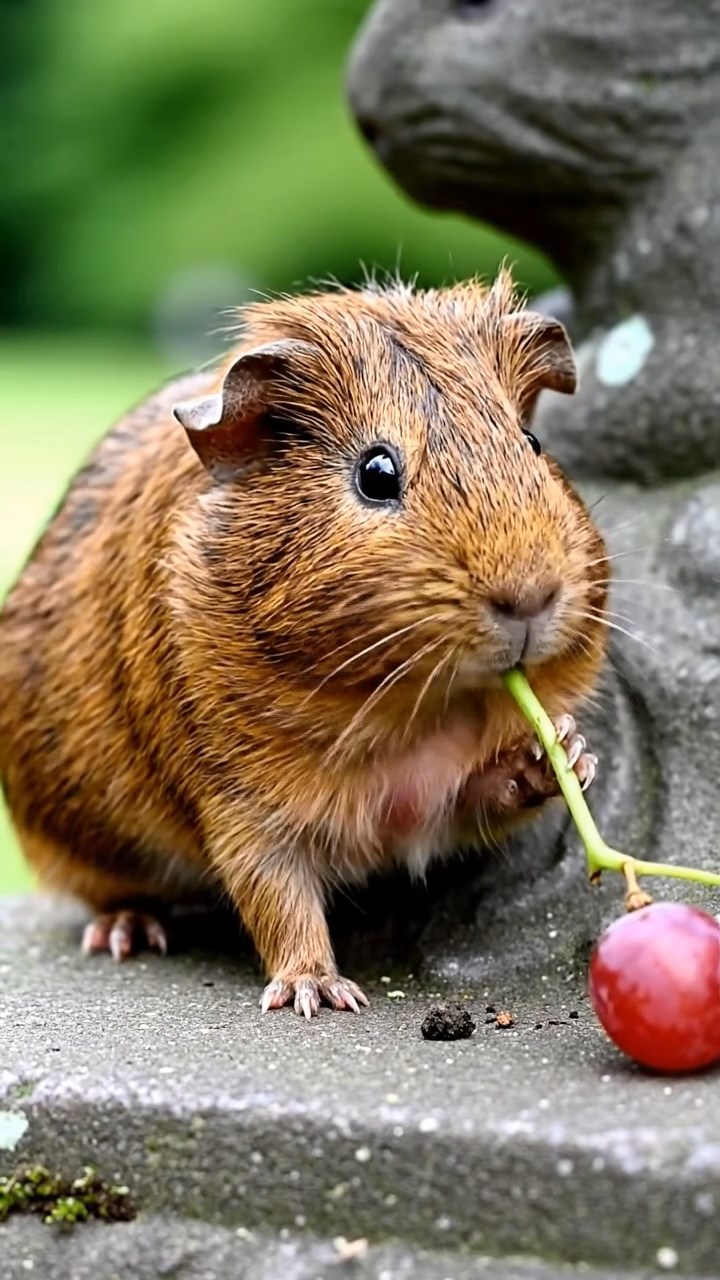 670. Photorealistic scene of 5 smooth-haired Teddy guinea pigs with Cream, Fawn, Sable, Gray, and Cinnamon fur, play-fighting in a grassy clearing with soft moss and scattered twigs, under gentle morning light, capturing a realistic, playful woodland moment.