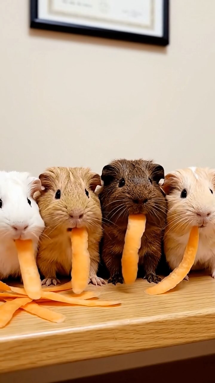 671. Highly detailed view of 1 smooth-haired Himalayan guinea pig with White fur, munching on bell peppers, in a vibrant vegetable garden with rows of tomatoes and lettuce, under bright sunlight, creating a realistic, colorful rural scene.