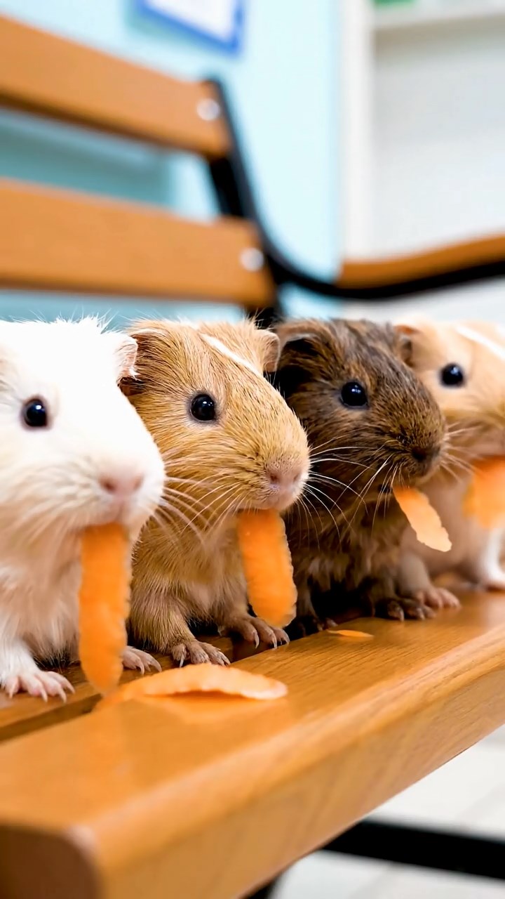 671. Highly detailed view of 1 smooth-haired Himalayan guinea pig with White fur, munching on bell peppers, in a vibrant vegetable garden with rows of tomatoes and lettuce, under bright sunlight, creating a realistic, colorful rural scene.