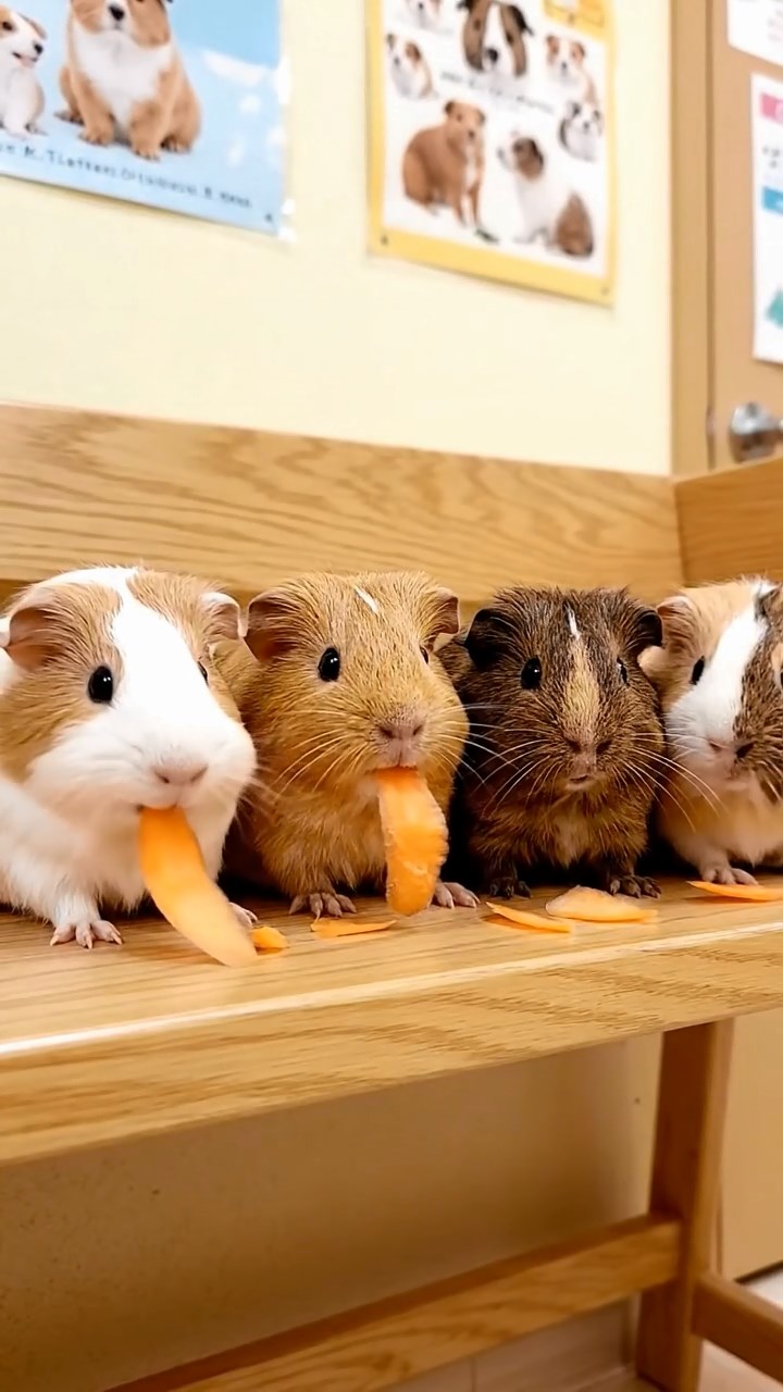 671. Highly detailed view of 1 smooth-haired Himalayan guinea pig with White fur, munching on bell peppers, in a vibrant vegetable garden with rows of tomatoes and lettuce, under bright sunlight, creating a realistic, colorful rural scene.